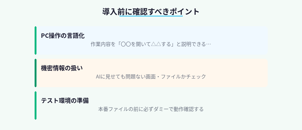 Claude CLI導入前に確認すべき3つのポイントをまとめた図