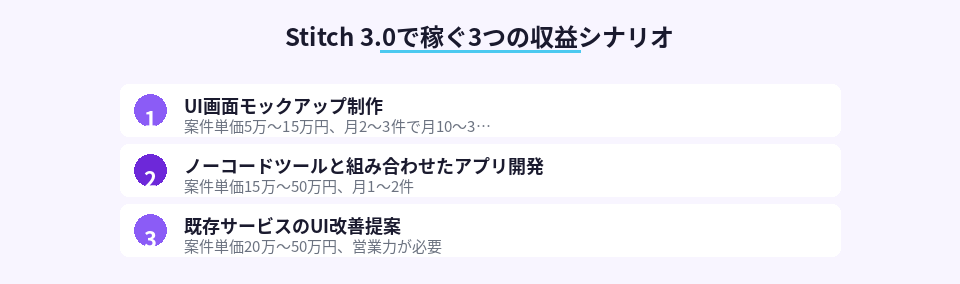 Stitch 3.0を使った3つの副業収益化パターン一覧