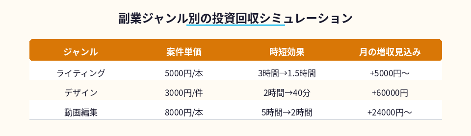 副業ジャンル別AI投資の回収シミュレーション表